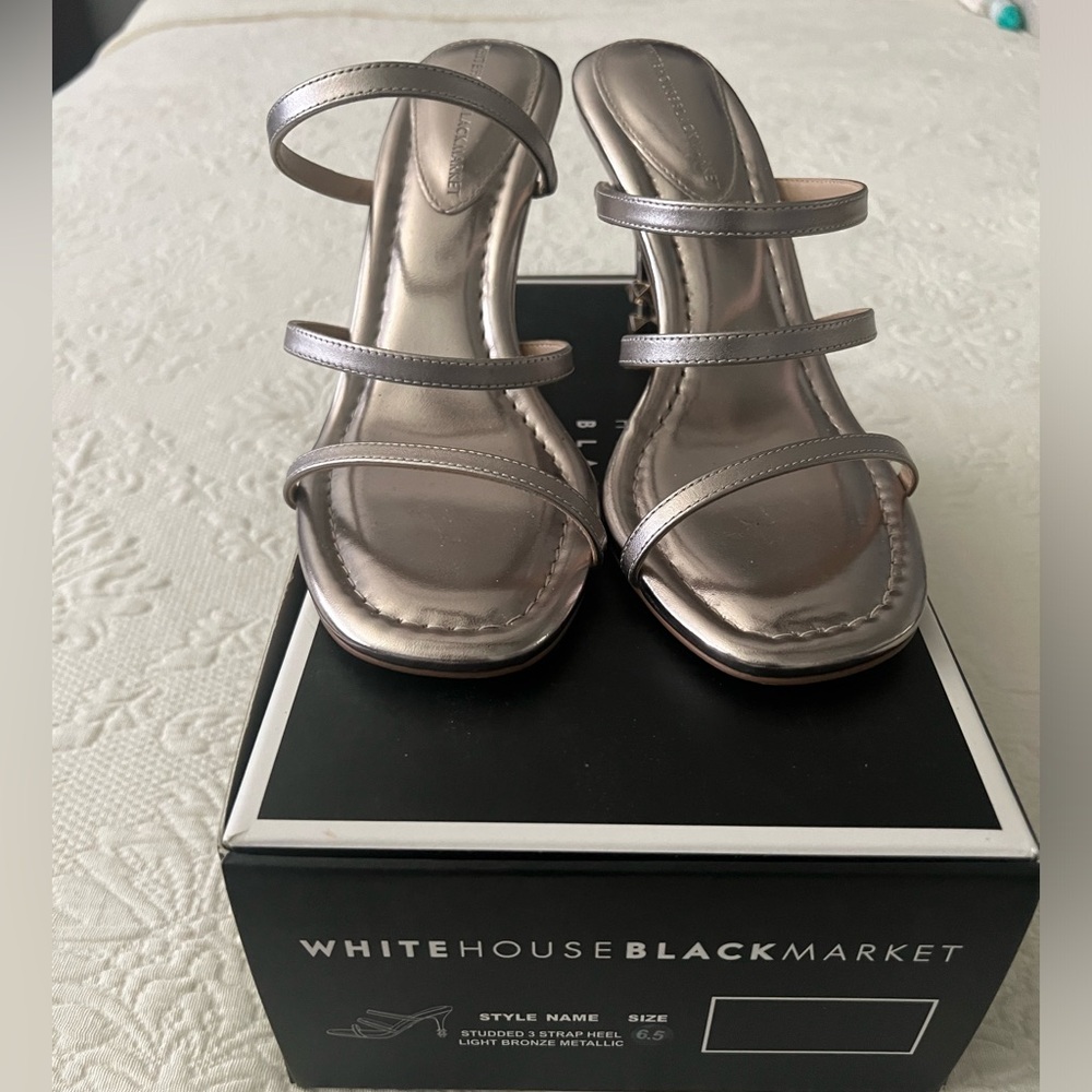 White House black market 3 strap light bronze metallic with mirrored heels.